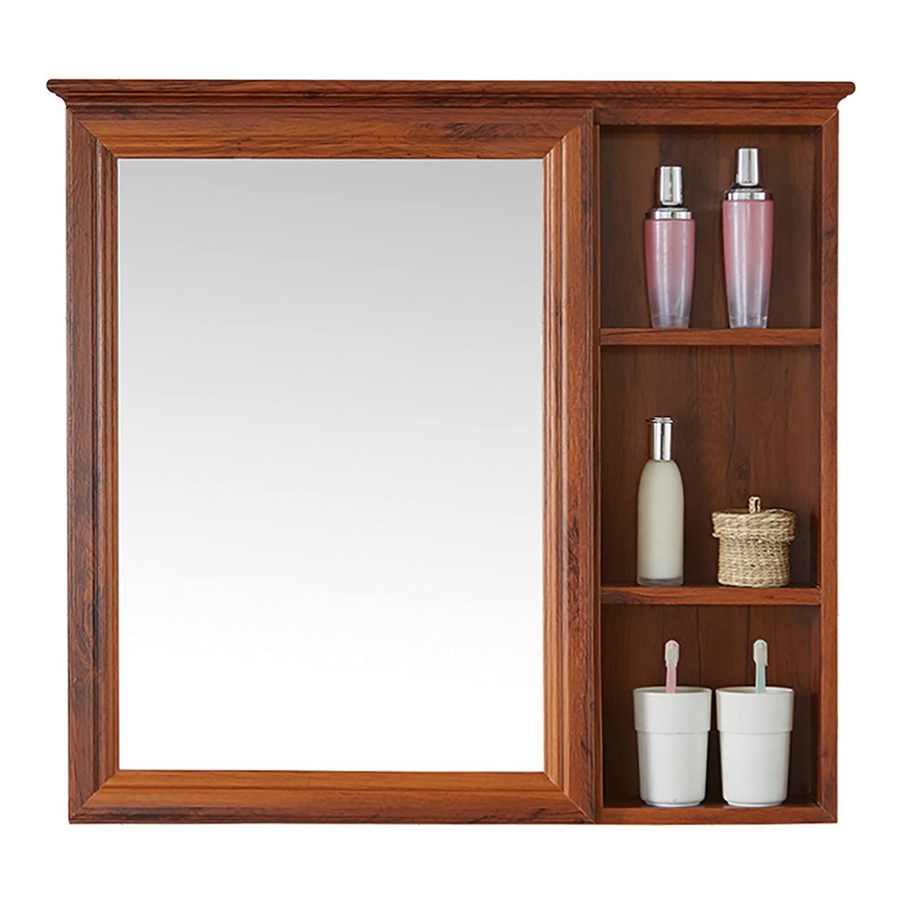 Bathroom Wall Mirror Cabinet Waterproof Storage Mirror Cabinet Single Mirrored Door Wall Mounted for Makeup (Brown 60 * 68 * 13 cm)