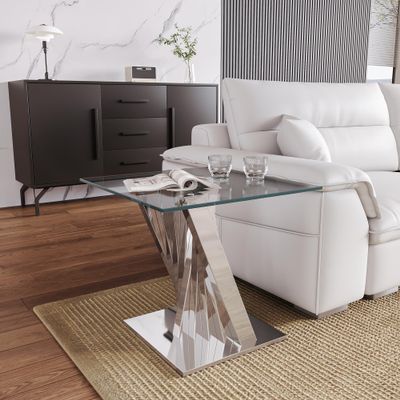 22" Silver End Table Small Table with Mirrored Stainless Steel Pedestal & Tempered Glass, Luxury Side Table Nightstand Modern Accent Table for Living Room Bedroom