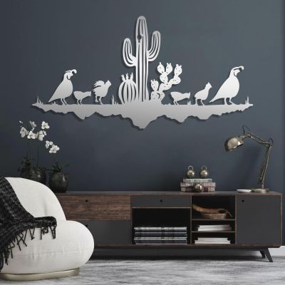 Metal Wall Art, Southwest Sonoran Desert Metal Wall Art, Southwestern Desert Scene Wall Art, Western Metal Cactus Wall Art, Quail Family In Desert Flat, Metal Cactus Yard Art, Patio And Garden Decor (15"x30"|38x76cm, Silver)