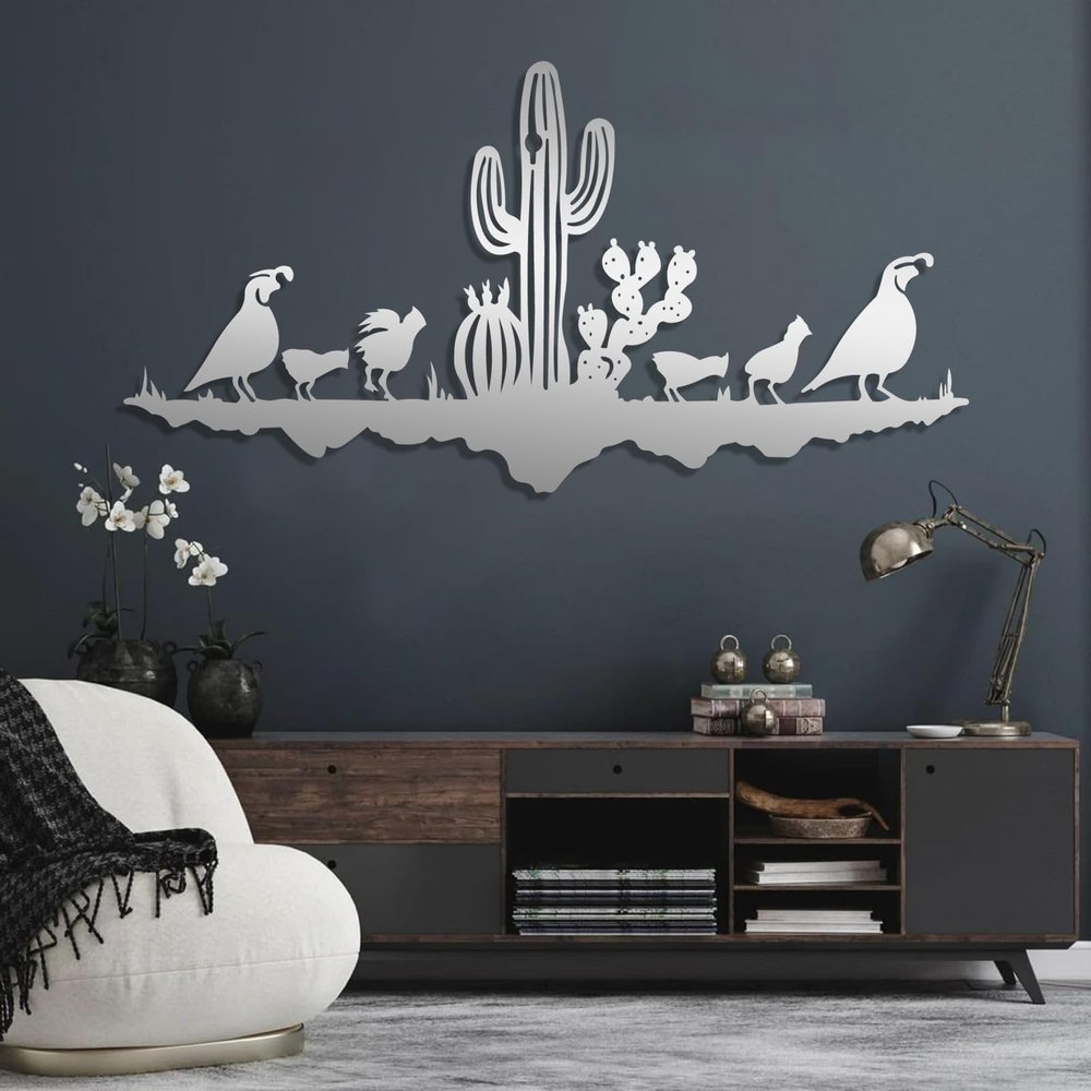 Metal Wall Art, Southwest Sonoran Desert Metal Wall Art, Southwestern Desert Scene Wall Art, Western Metal Cactus Wall Art, Quail Family In Desert Flat, Metal Cactus Yard Art, Patio And Garden Decor (15"x30"|38x76cm, Silver)