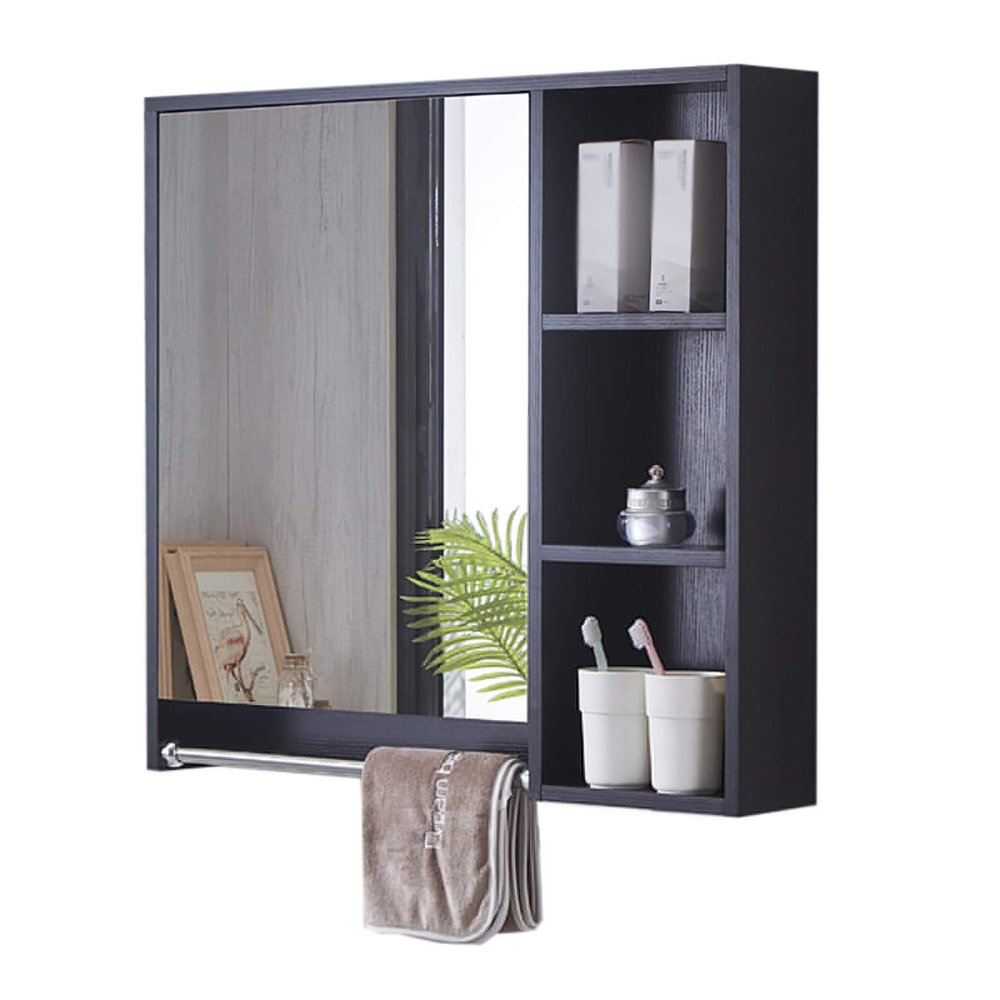 Bathroom Mirror Cabinet Wall-Mounted Vanity Mirror with Towel Rack Storage Cupboard Bath Cabinet Modern Simplicity (Black 68 * 70 * 13 cm)