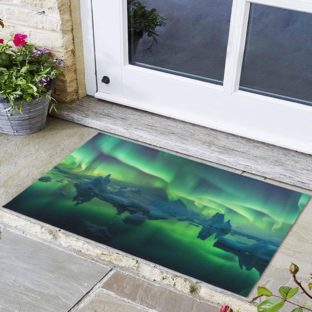 Bathroom Rugs,Natural Scene Polar Lights Kitchen Rug Non-Slip Rubber Backing Doormat,Winter Iceland Aurorae Absorbent Bath Mat Washable Floor Mats for Bedroom Entryway 18x30in
