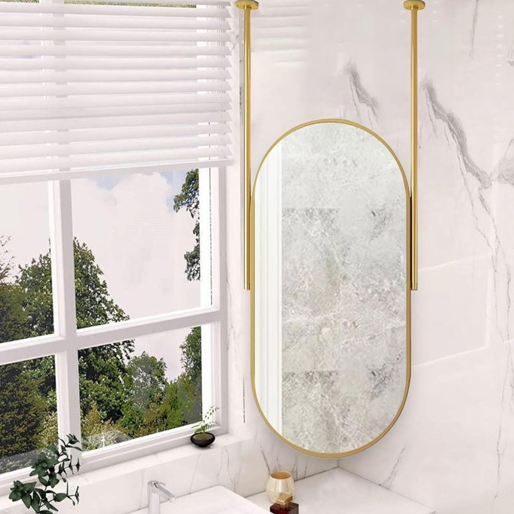 Hanging Wall Mirror - Home Hotel Floating Bathroom Vanity Makeup Mirror, Decorative Simple Mirror with Oval Gold Metal Frame and Double Ceiling Rods (Double Poles Can Be Customized ) - HD Mirror ( Siz