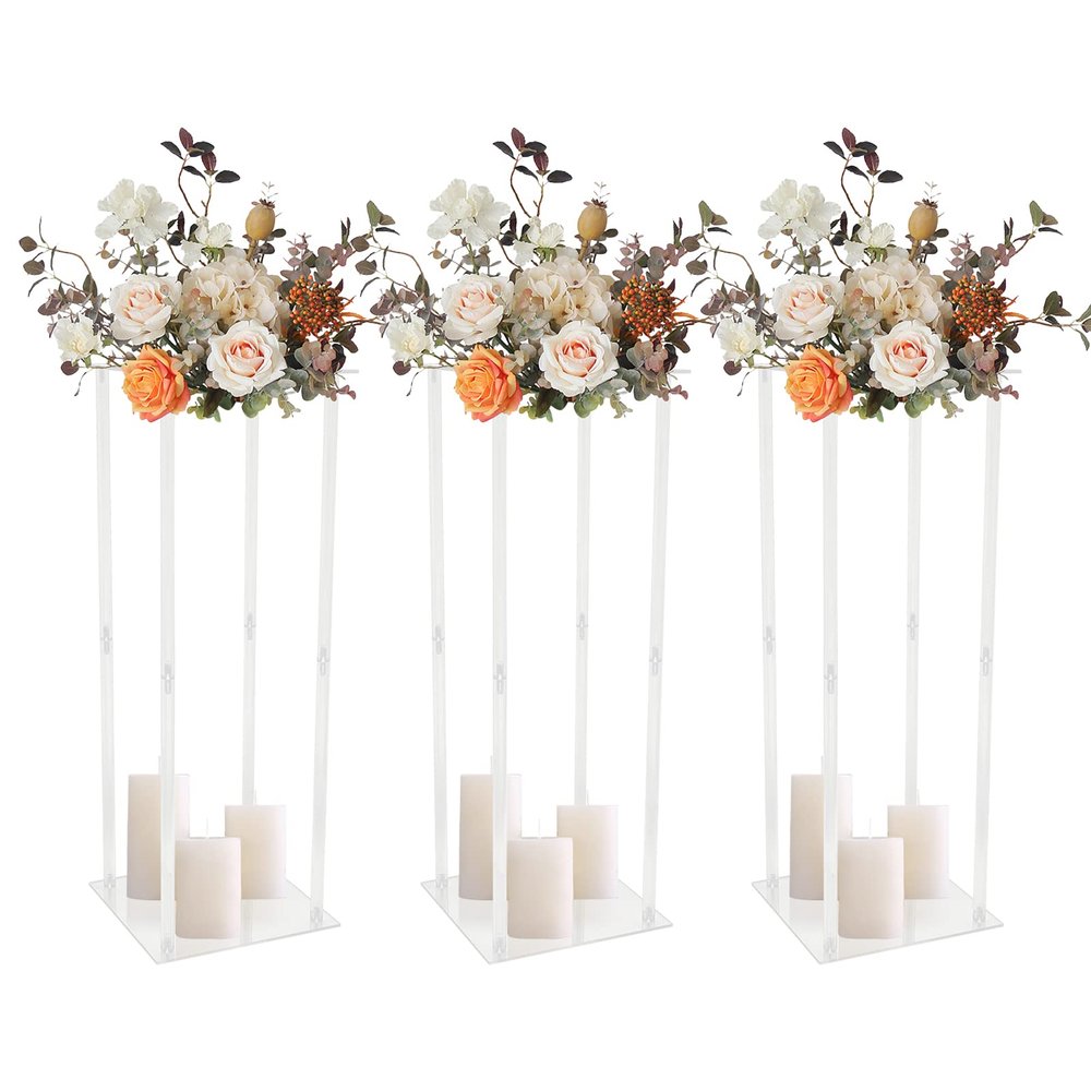 3Pcs Acrylic Flower Stand,Centerpiece Wedding Decoration Wedding Flower Stand Rack Vase Stand Pillar Square Props for Wedding Party Table Decoration Supply