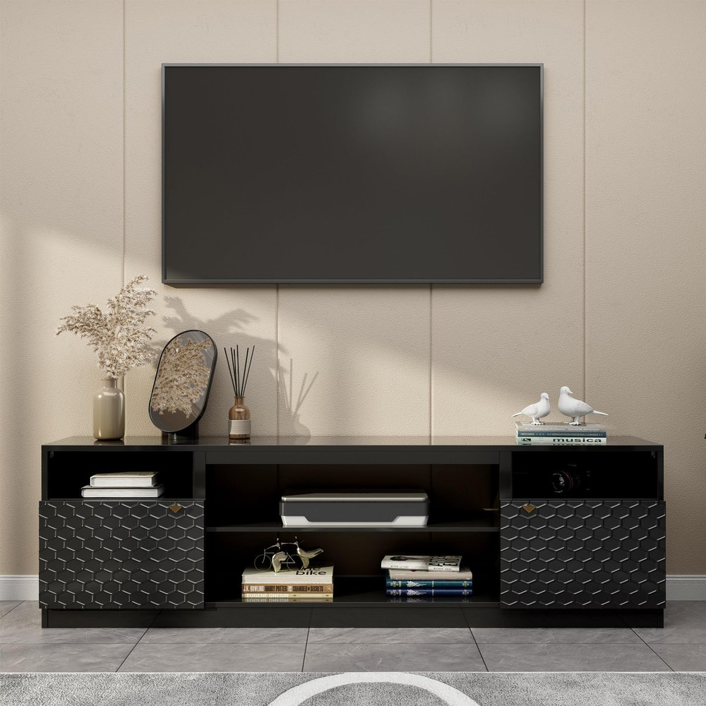Boyel Living Black Fireplace TV Stand Fits TVs,Media Entertainment Center Console Table for TV up to 70" to 80" with with Open Storage Shelves and Cabinets for Living Room