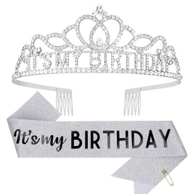 CAVETEE Birthday Crowns for Women - Its My Birthday Sash and Crown Set for Adult Women - Silver