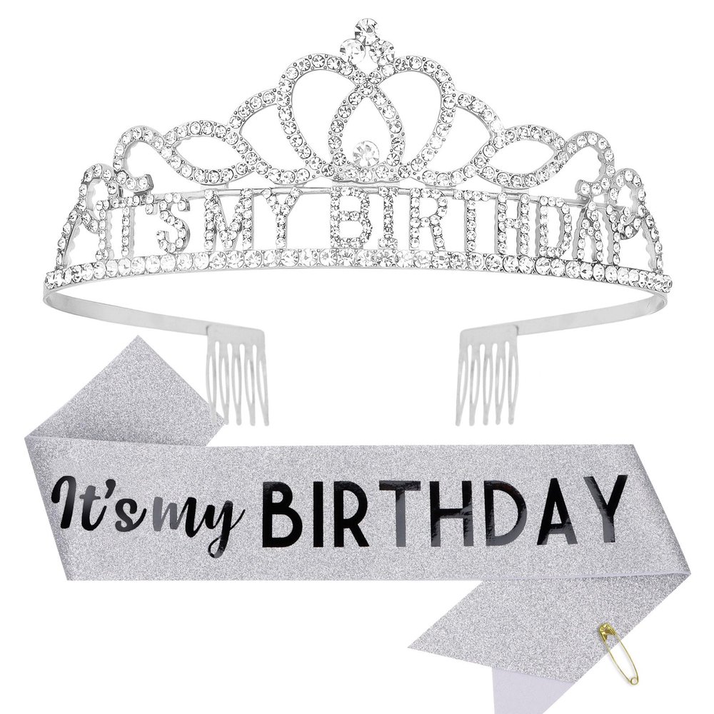 CAVETEE Birthday Crowns for Women - Its My Birthday Sash and Crown Set for Adult Women - Silver