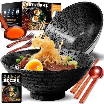 8-Inch Large Ceramic Ramen Bowl Set of 2 (9 Piece) - Microwave & Dishwasher Safe Porcelain Japanese Salad Noodles Cereal Fruit Pasta Soup Bowls with Recipes Chopsticks Forks Spoons for Men Women Gift