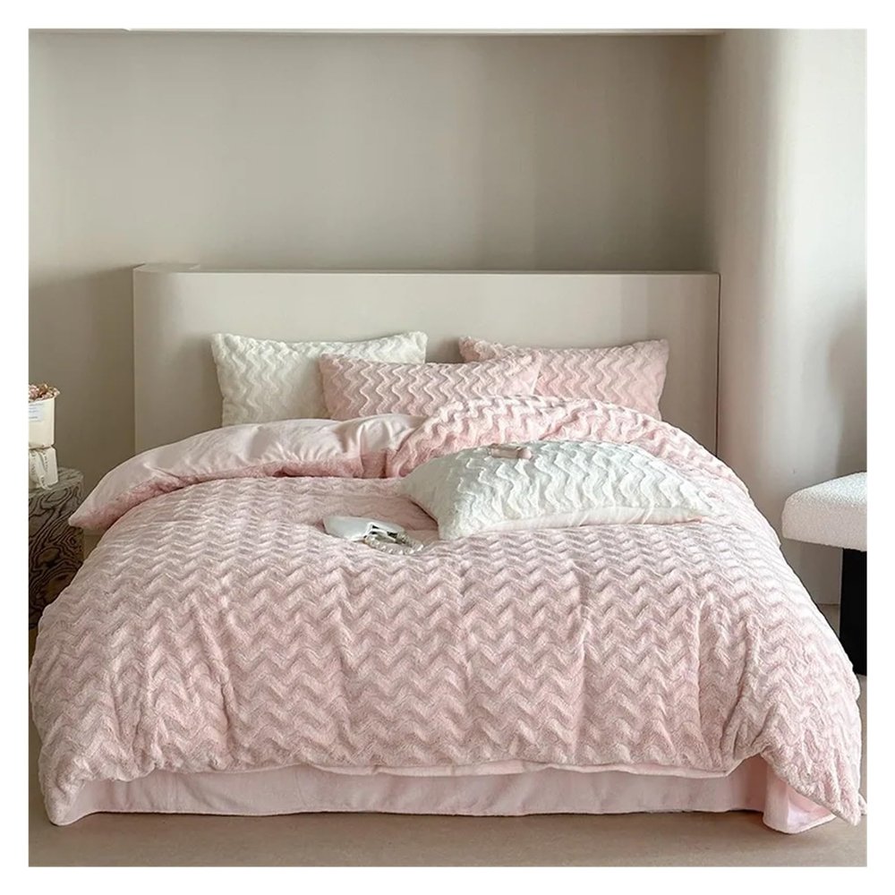 YIZUFU Velvet White Faux Rabbit Fur Fluffy Bedding Set Winter Warm Soft Duvet Cover Flat Bed Sheet Pillowcases Queen King 4Pcs,Bedding
