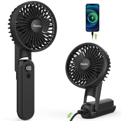 EasyAcc Portable Fan for Travel,Rechargeable Handheld 5 Speed Ultra Quiet with Backup Power Digital Display Lanyard Neck Foldable Personal Fan Hot Flashes Gift Outdoor