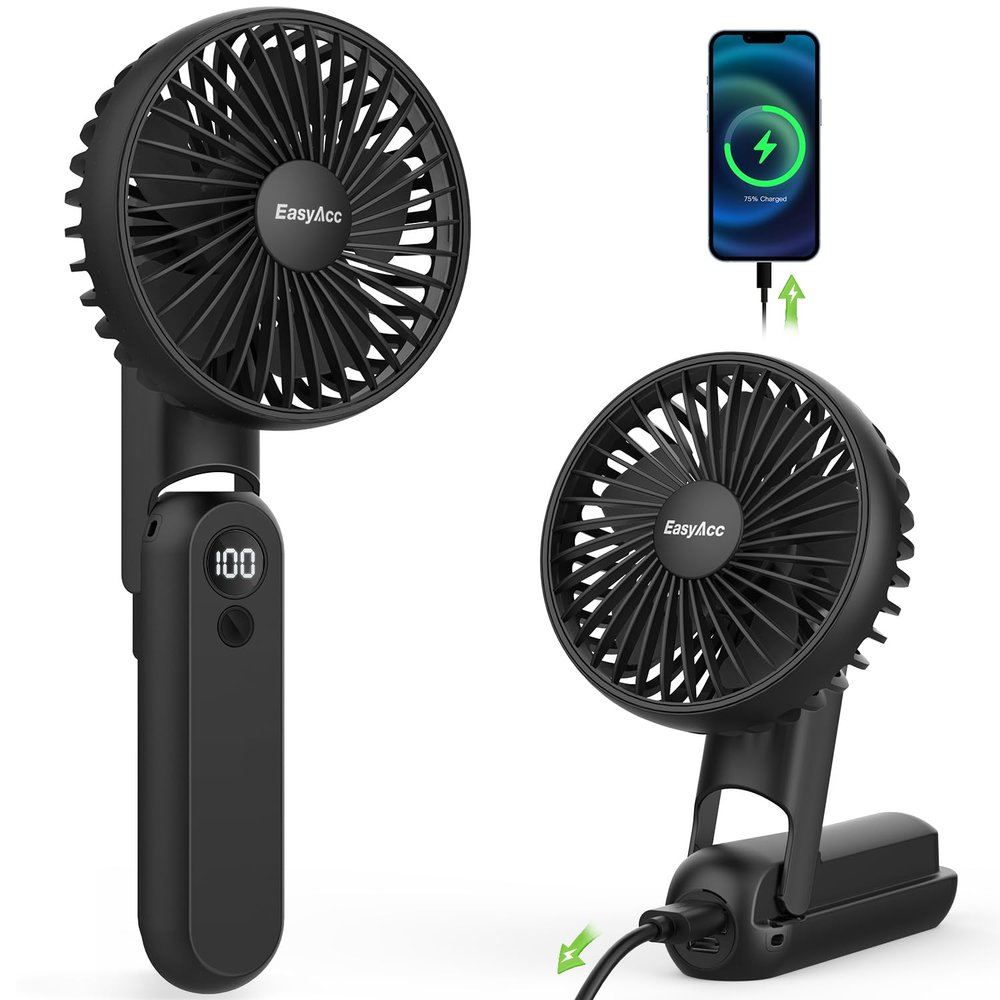 EasyAcc Portable Fan for Travel,Rechargeable Handheld 5 Speed Ultra Quiet with Backup Power Digital Display Lanyard Neck Foldable Personal Fan Hot Flashes Gift Outdoor