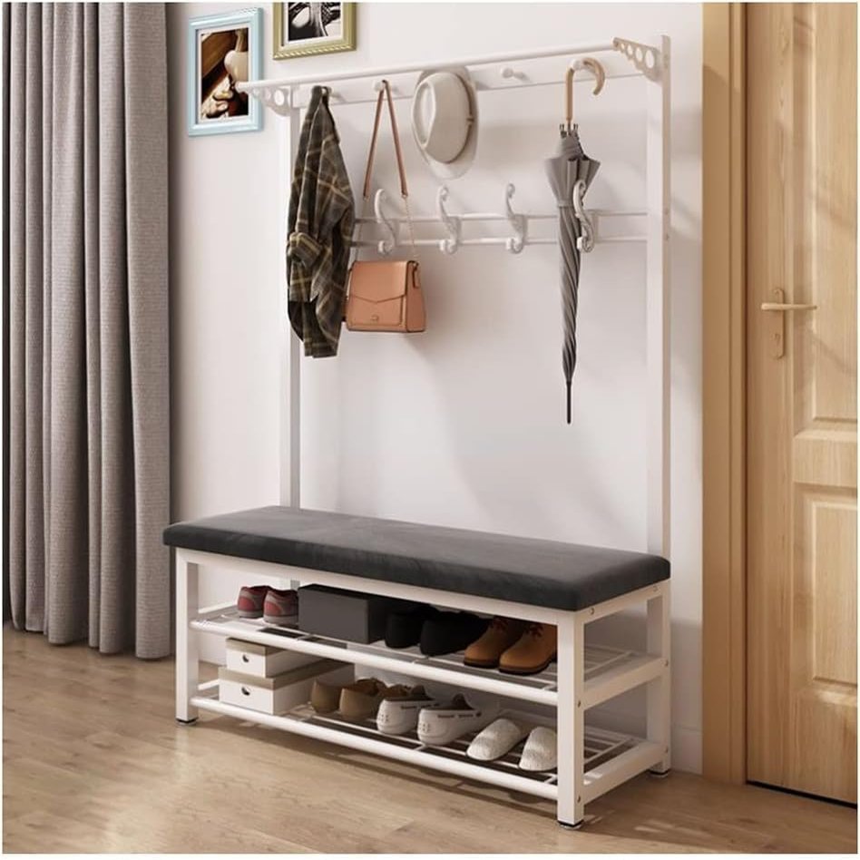 TUOYIBO Exquisite Clothes Rail Rack Shoe Bench Coat Stand Rack Hanger 4-in-1 Coat Rack Shoe Bench With 15 Hooks, Industrial Entryway Coat Rack Storage Shelf, Metal Accent Furniture With Metal Frame,