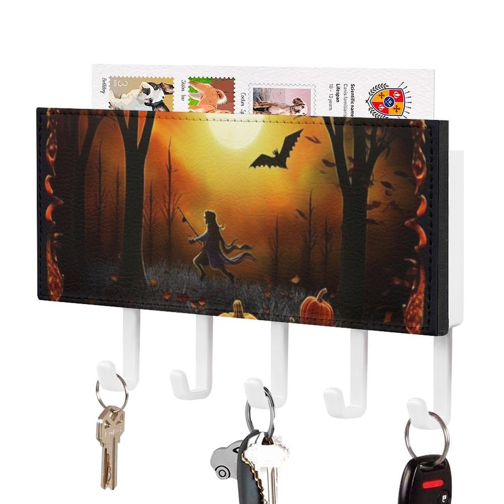EKYOSHCZ Halloween Party Print Key Holder with 5 Hooks Wall Mounted Key Hook Decorative Wall Self Adhesive Coat Hook for Bags, Coats, Umbrella, JJ0531000