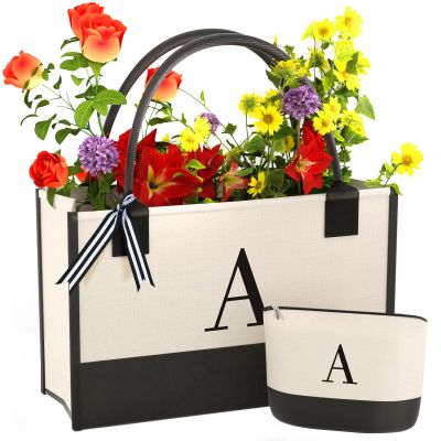 OATALY Monogrammed Canvas Tote Bag with Zipper Pockets - Ideal Gift for Mom, Teacher, Sister
