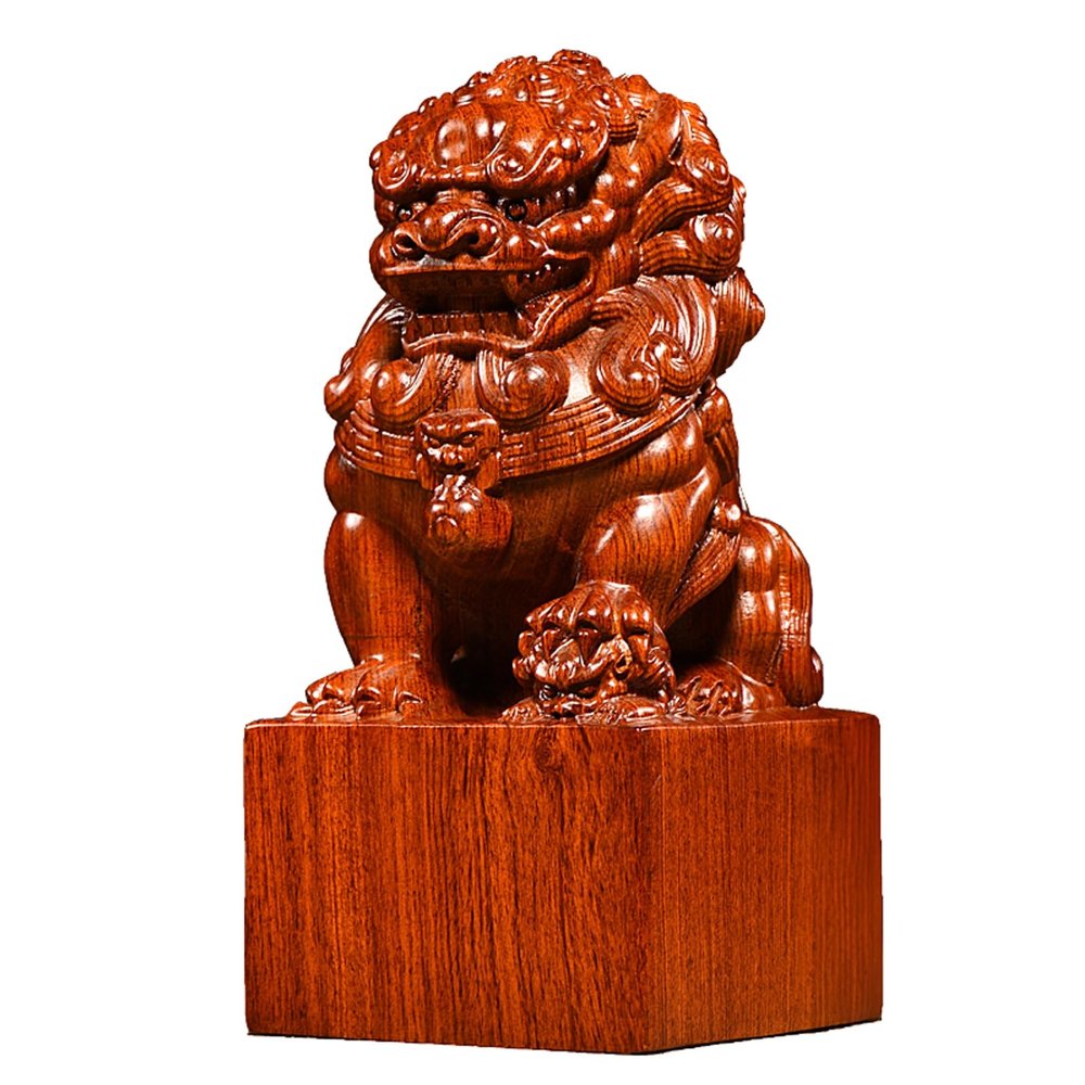Chinese Foo Dogs Statue,Rosewood Red Sandalwood Ebony Beijing Guardian Lion Imperial Seal Artware Wealth Porsperity Feng Shui Fu Dogs Statue Ward Off Evil Energy,Rosewood,7in