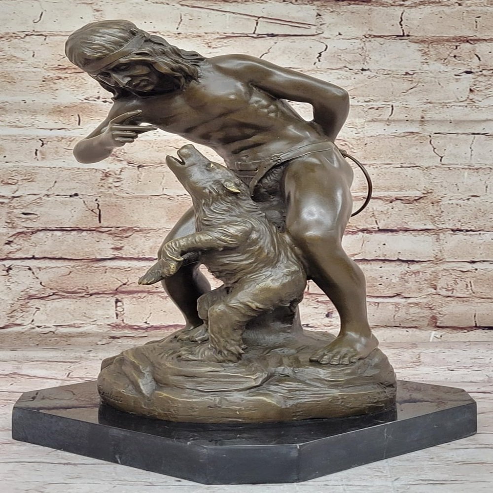 American Native Training A Bear Bronze Sculpture Statue ON Marble Base Figure DB Statue Handmade Artwork by Classy Bronze