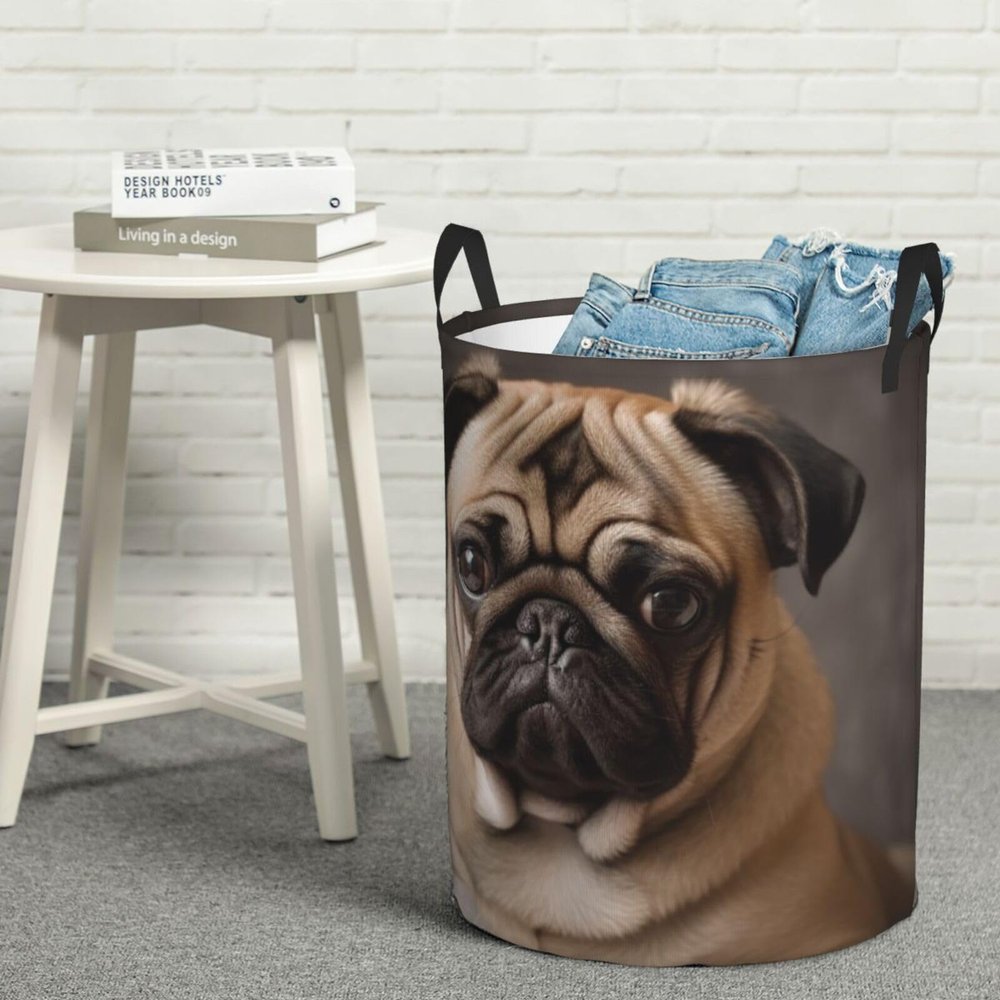 Laundry Hamper Round Laundry Basket with Handles Animal Pug Dog Laundry Hampers Waterproof Circular Hamper for Bathroom Storage Basket Dirty Clothes Hamper for Dirty Clothes