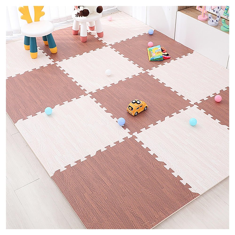 24 Pcs Funnyfuzzy puzzle play foam mat, Wood grain splicing Thickened Foam Interlocking Floor Mat,Square Interlocking Foam Tiles with Edgings Soft Anti-Slip Puzzle Area Rug Playmat for Room Floor ( Co