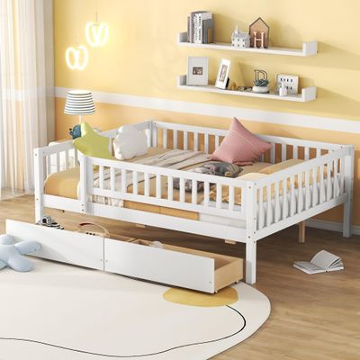 Harper & Bright Designs Full Size Daybed with Two Drawers, Wood Kids Full Platform Bed Frame with Storage and Rails, No Box Spring Needed, Easy Assembly (White)