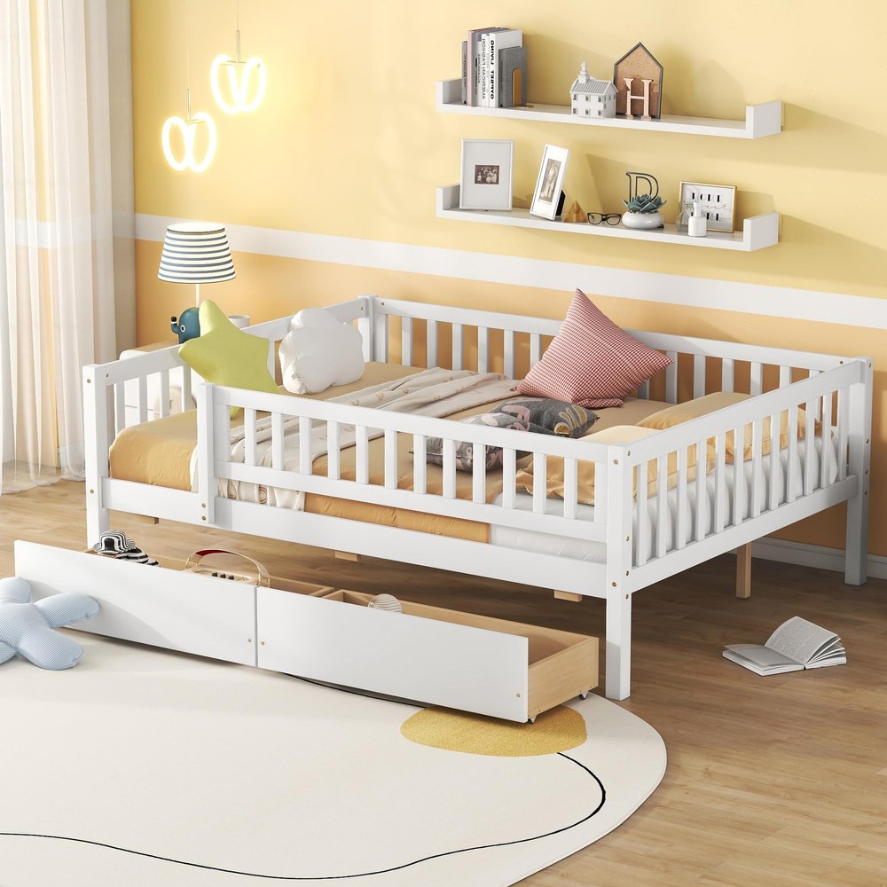 Harper & Bright Designs Full Size Daybed with Two Drawers, Wood Kids Full Platform Bed Frame with Storage and Rails, No Box Spring Needed, Easy Assembly (White)