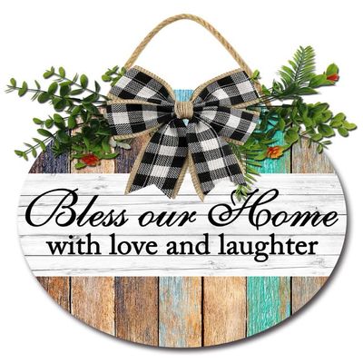 FemiaD Bless Our Home with Love and Laughter Wall Decor,Home Decor Signs, Rustic Wooden Signs Farmhouse Blesses Home Wall Decor Round Wood Wreaths Wall Hanging for Home All Seasons 12inch