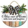 FemiaD Bless Our Home with Love and Laughter Wall Decor,Home Decor Signs, Rustic Wooden Signs Farmhouse Blesses Home Wall Decor Round Wood Wreaths Wall Hanging for Home All Seasons 12inch view 1