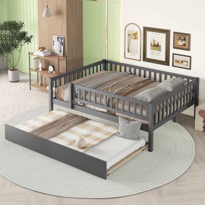 Harper & Bright Designs Full Size Daybed with Trundle, Wood Kids Full Platform Bed Frame with Rails, No Box Spring Needed, Easy Assembly (Gray)