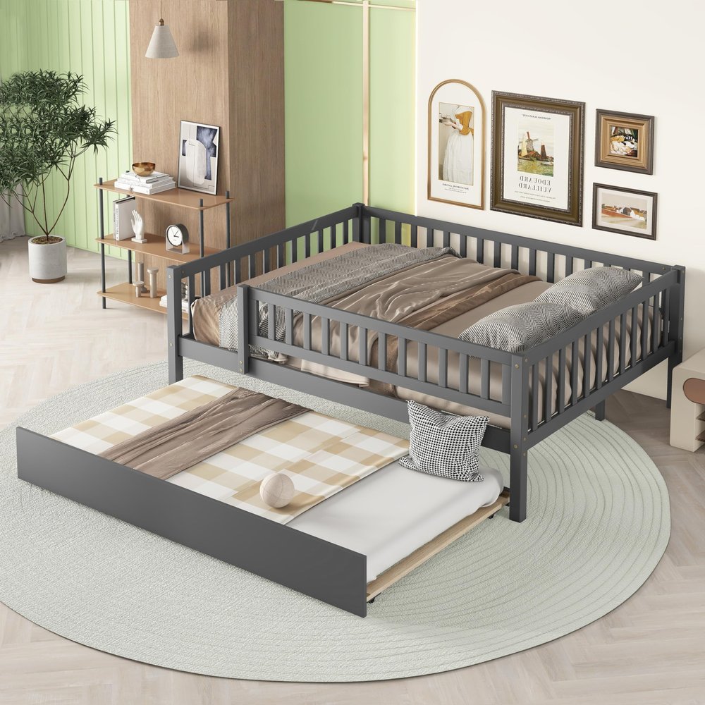 Harper & Bright Designs Full Size Daybed with Trundle, Wood Kids Full Platform Bed Frame with Rails, No Box Spring Needed, Easy Assembly (Gray)