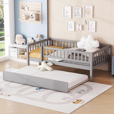 Harper & Bright Designs Twin Size Daybed with Trundle, Wood Kids Twin Platform Bed Frame with Rails, No Box Spring Needed, Easy Assembly (Gray)