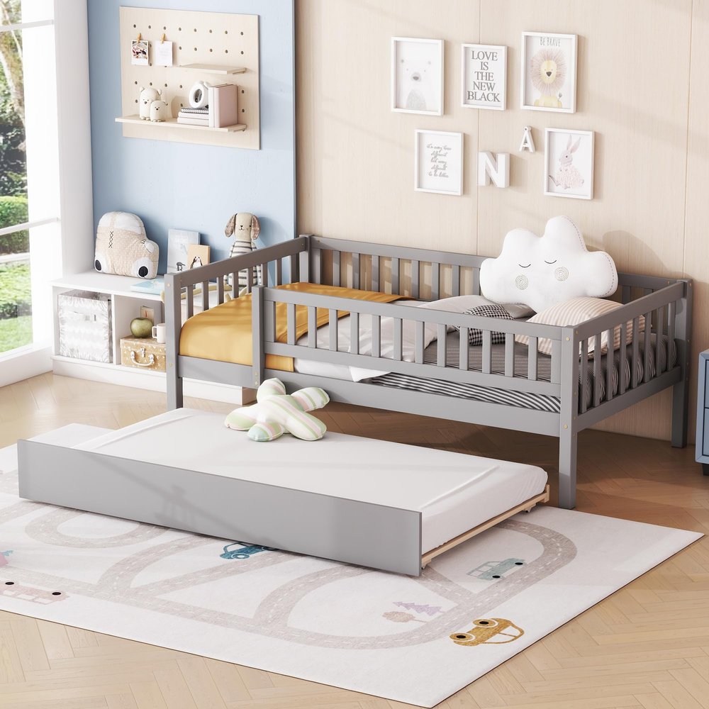 Harper & Bright Designs Twin Size Daybed with Trundle, Wood Kids Twin Platform Bed Frame with Rails, No Box Spring Needed, Easy Assembly (Gray)