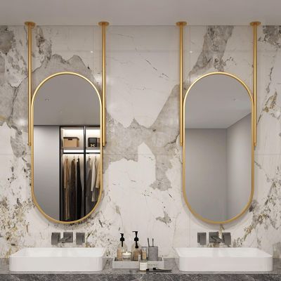 Ceiling Mounted Mirror with Gold Oval Metal Framed and can Customized Double Ceiling Rods Modern Floating Vanity Mirror Hanging Rod Mirror for Bathroom Washroom Shaving Makeup Mirror ( Size : 50x70cm