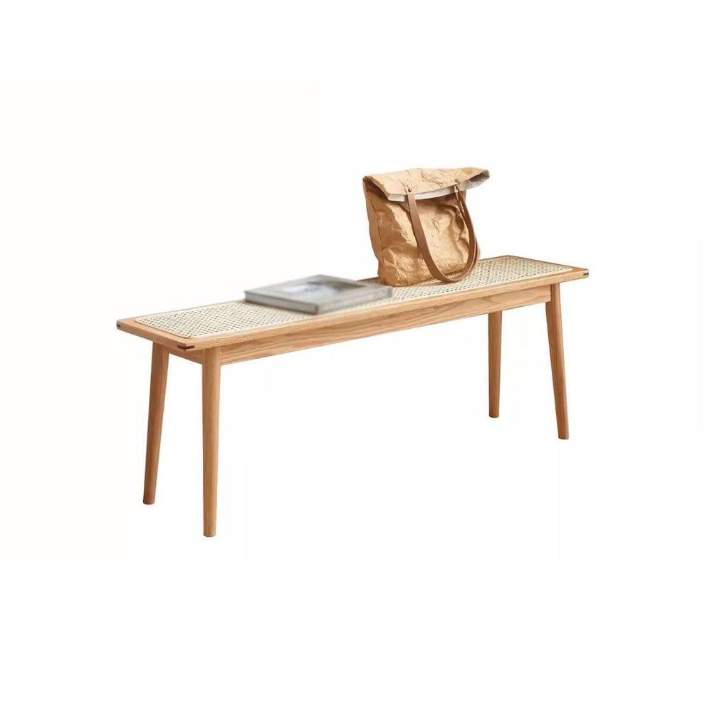 GUERNSEY End of Bed Bench Solid Wood Bench Nordic Home Bench Simple Oak Dining Room Stool Bedroom Rattan Bed End Stool Storage Bench for Bedroom, 120*28*42cm