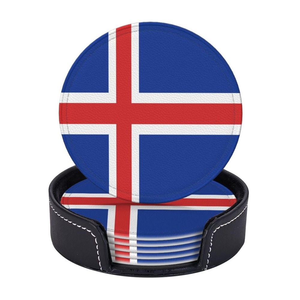 6 Pack Iceland Flag Leather Coaster with Holder for Drinks- Heat Resistant Non-Slip National Flag Funny Coasters for Wooden Table Coffee Bar Kitchen Decor Housewarming, Set of 6