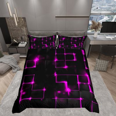 Castle Fairy Abstract Queen Duvet Cover Set, 3D Modern Square Plaid Grid Print Geometric Bedding Set 3pcs for Boys Teens Bedroom, Purple and Black Neon Light Lines Quilt Cover, 2 Pillowcases