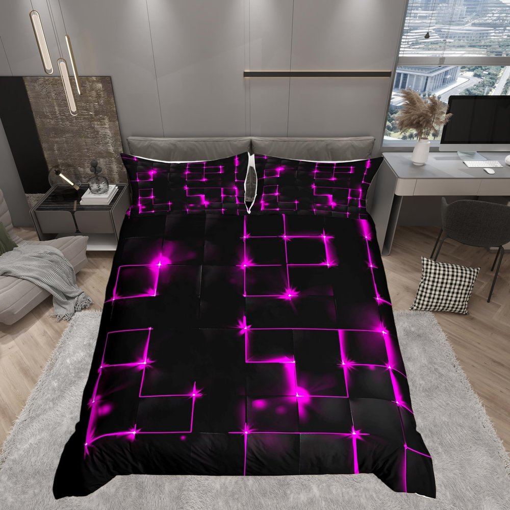 Castle Fairy Abstract Queen Duvet Cover Set, 3D Modern Square Plaid Grid Print Geometric Bedding Set 3pcs for Boys Teens Bedroom, Purple and Black Neon Light Lines Quilt Cover, 2 Pillowcases