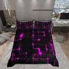 Castle Fairy Abstract Queen Duvet Cover Set, 3D Modern Square Plaid Grid Print Geometric Bedding Set 3pcs for Boys Teens Bedroom, Purple and Black Neon Light Lines Quilt Cover, 2 Pillowcases view 1