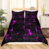 Castle Fairy Abstract Queen Duvet Cover Set, 3D Modern Square Plaid Grid Print Geometric Bedding Set 3pcs for Boys Teens Bedroom, Purple and Black Neon Light Lines Quilt Cover, 2 Pillowcases view 2