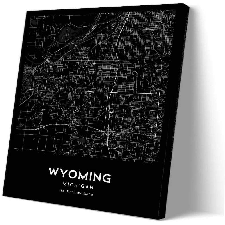 Zhumendi Wyoming Vintage Map Poster Wyoming Street Prints Michigan Map of United States Posters Wall Art Canvas Panels Paintings for Hallway (16.00''x24.00'',Framed)