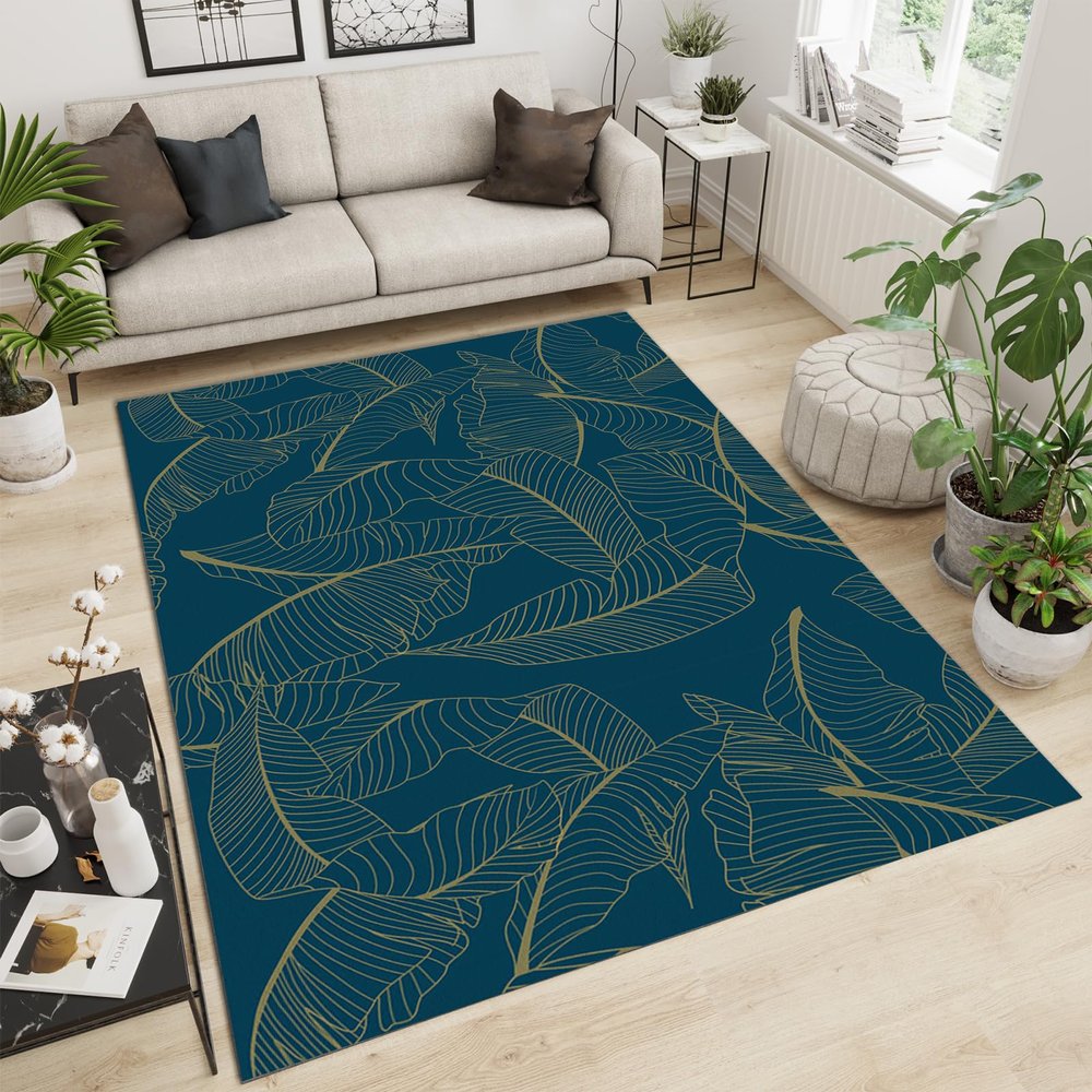 SOOVOS Yellow Striped Leaves Living Room Rug, Creative Blue Minimalist Rectangle Ultra-Thin Area Rugs, Easy-Cleaning Non Shedding Floor Indoor Carpet for Bedroom Kitchen Office Dining Room 4x6ft