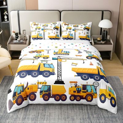 Erosebridal Kids Construction 100% Cotton Twin Bedding Sets for Boys,Excavator Trucks Comforter Cover Cartoon Tractor Car Vehicle Toddler Bed Set Yellow Blue (1 Duvet Cover and 1 Pillow Case)