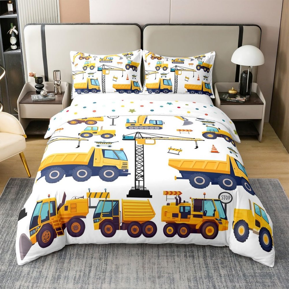 Erosebridal Kids Construction 100% Cotton Twin Bedding Sets for Boys,Excavator Trucks Comforter Cover Cartoon Tractor Car Vehicle Toddler Bed Set Yellow Blue (1 Duvet Cover and 1 Pillow Case)