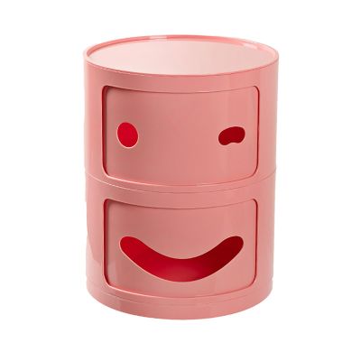 Topjia 2 Tier Round Nightstand with Drawers,Smiley Face Small Bedside Table with Storage,Round Storage Unit with Sliding Door,Modern End Table Side Table for Living Room, Bedroom, Kidsroom, Pink