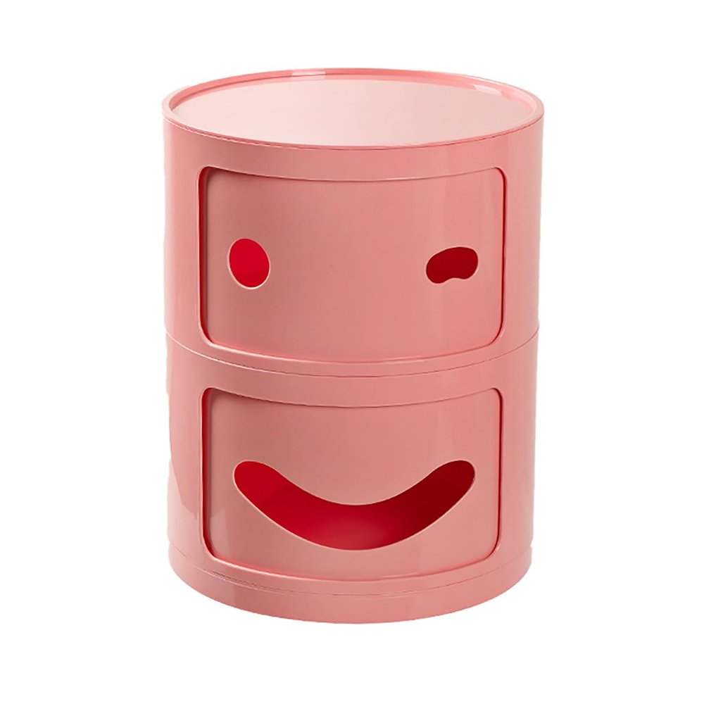 Topjia 2 Tier Round Nightstand with Drawers,Smiley Face Small Bedside Table with Storage,Round Storage Unit with Sliding Door,Modern End Table Side Table for Living Room, Bedroom, Kidsroom, Pink