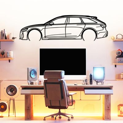 RS6 Model Silhouette Metal Car Wall Art, Sports Car, Automotive Silhouette Line Decoration, Minimalist Sculpture for Garage, Man Cave, Indoor Outdoor Wall Decor, Gift for Boyfriend and Car Lovers (Black - 45 x 13 / 114 x 33 cm)