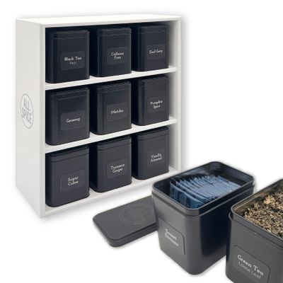AllSpice Tea Organizer Rack with 9 Tins & 160 Magnetic Labels  Perfect for Bagged & Loose Leaf Tea Organization - White