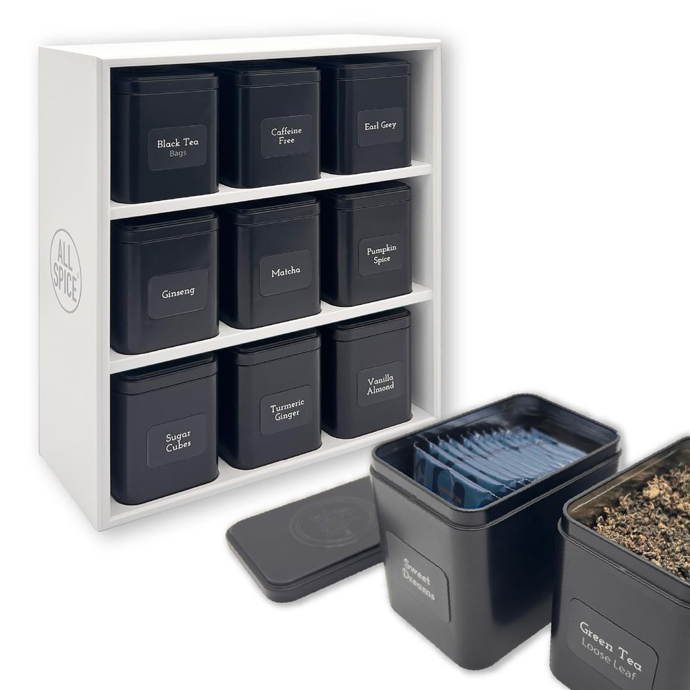 AllSpice Tea Organizer Rack with 9 Tins & 160 Magnetic Labels  Perfect for Bagged & Loose Leaf Tea Organization - White