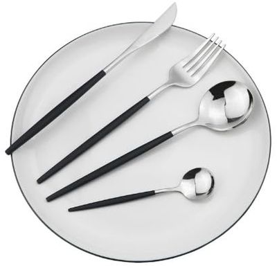 WHIERGGIN Silverware Set, 4/16/24/32/40/48 Pieces Stainless Steel Portuguese Tableware Knife, Fork And Spoon Set Golden Steak Knife And Fork Four-piece Set (Color : Black Silver, Size : 1Set-4Pcs)