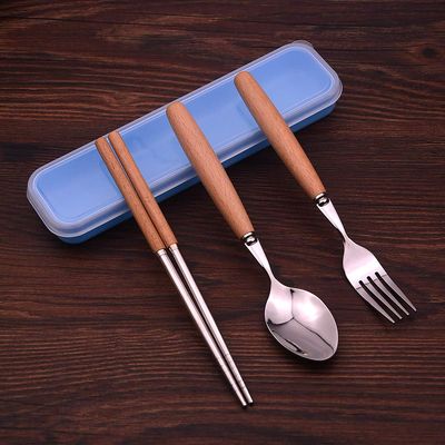 IFAJOOR Flatware Silverware Set, 3/12/18/24 Pieces Creative And Cute Adult Travel Portable Cutlery Box Three-piece Set Student Wooden Handle Stainless Steel Chopsticks Spoon Fork, Tableware Cutlery S