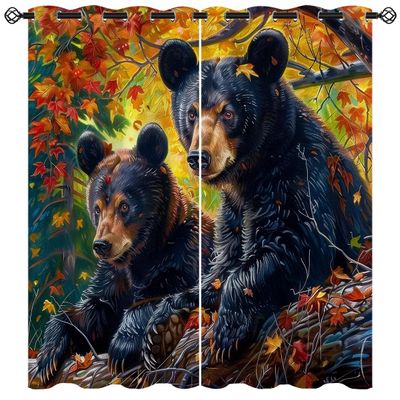 ONINUO Black Bear Blackout Curtains for Girls Boy Home Decor, Wildlife Rustic National Forest Farm Grommet Thermal Insulated Drapes Darkening Window Curtain for Bedroom Living Room, 63 x 63 Inch