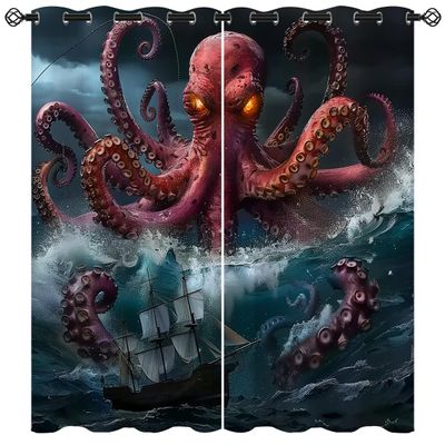 ONINUO Octopus Blackout Curtains for Girls Boy Home Decor, Ocean Kraken Nautical Pirate Sailboat Wave Grommet Thermal Insulated Drapes Darkening Window Curtain for Bedroom Living Room, 55 x 63 Inch